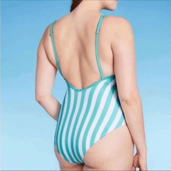 Kona Sol Aqua Teal Striped High Leg One Piece Swim Suit Size 14W - Picture 8 of 8